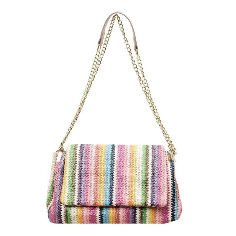 Borsa a tracolla da donna Rainbow 2026 estiva, trendy, con catena intrecciata, chiusura a scatto, semplice, casual, per tutti i giorni, shopper