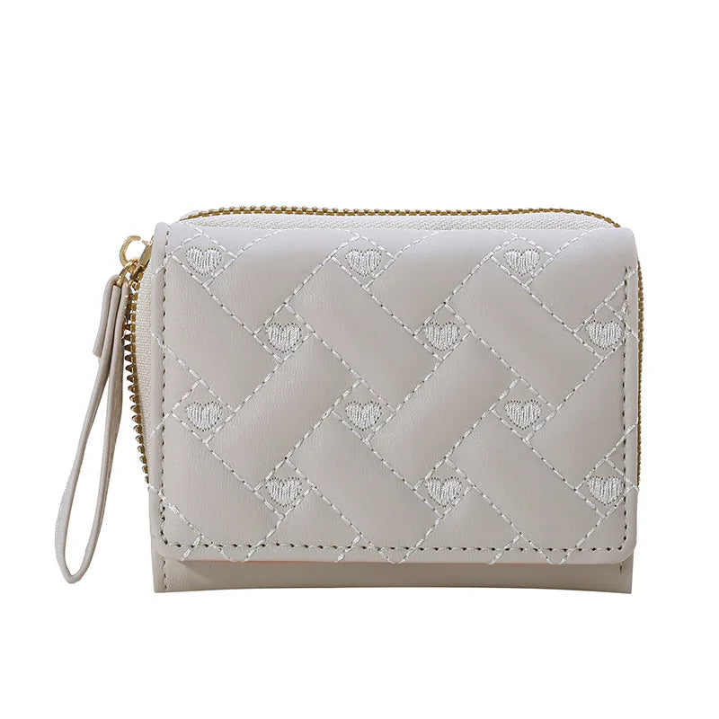 Portafoglio da donna per pelle PU moda ricamato amore tri-fold piccolo portafoglio porta carte portamonete multi-slot per carte interno rosa