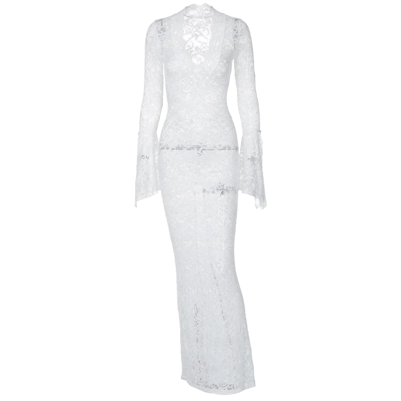 Hugcitar Maglia con stampa floreale Scollo a V Manica lunga svasata Abito lungo trasparente sexy Primavera Abiti moda donna Vacanza al mare Club