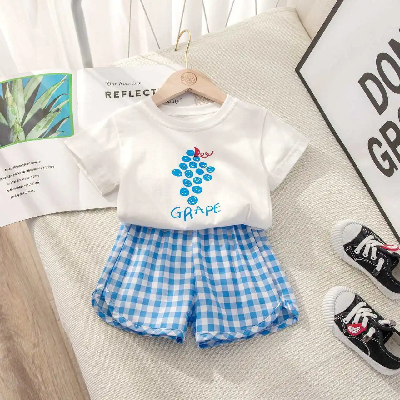 Set di Moda 2 Pezzi per Bambina con Stampa Frutta, T-shirt a Maniche Corte + Pantaloncini a Quadri, Abbigliamento Principessa per Bambini 0-6 Anni