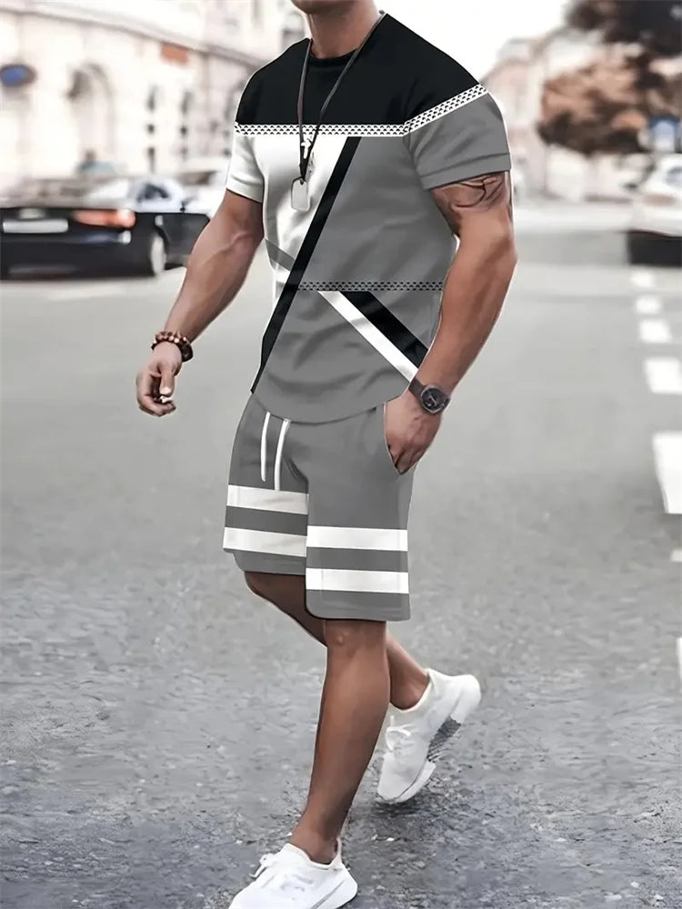 Boutique uomo estate Casual sport manica corta vestito semplice Splicing stampato girocollo T Shirt coulisse tasca pantaloncini vestito
