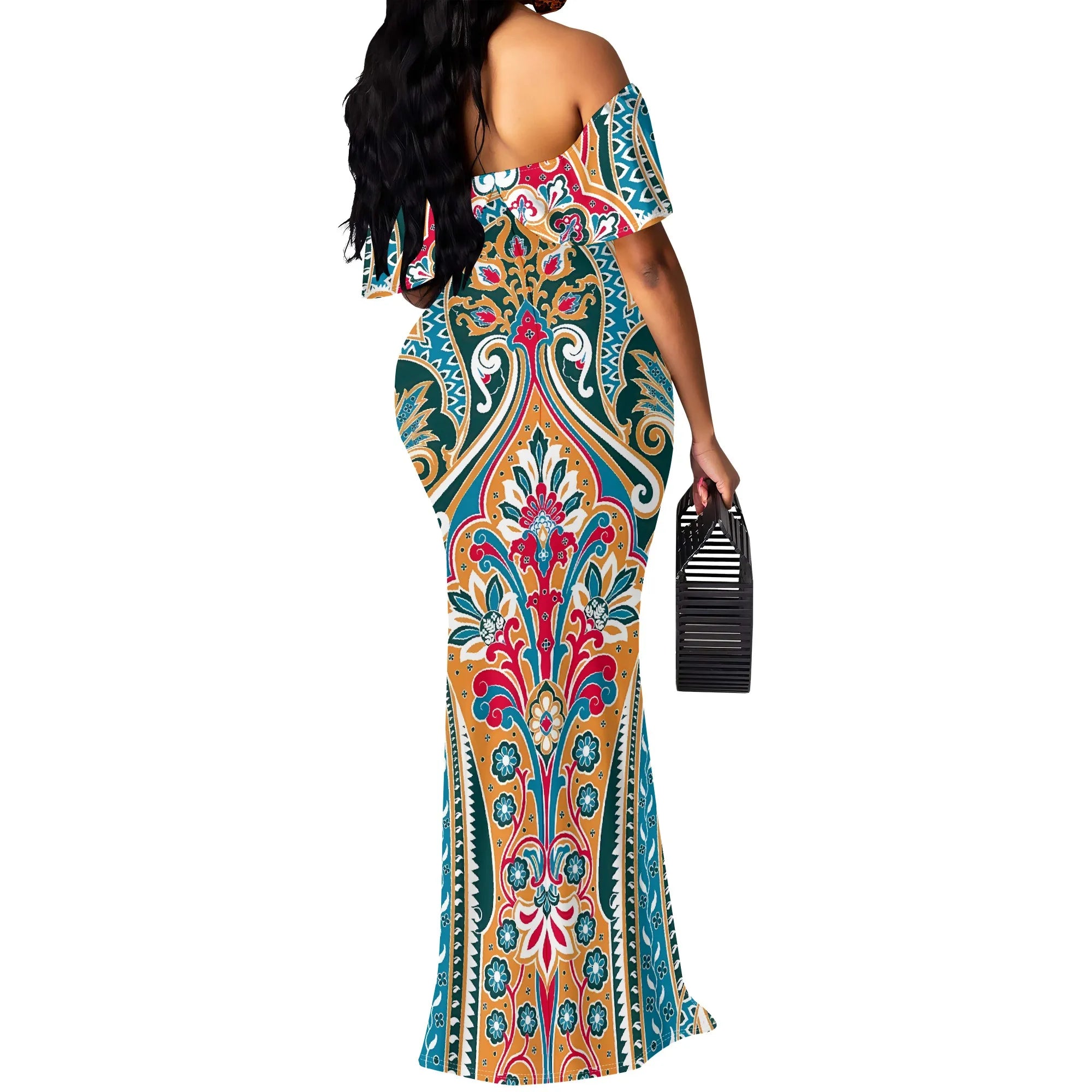 Abito lungo con spalle scoperte con stampa paisley vintage colorata Abiti estivi eleganti per feste taglie forti