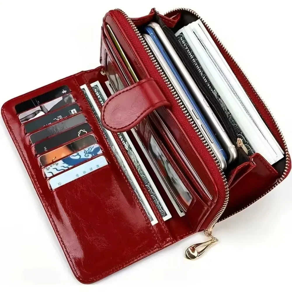 Portafoglio da donna di alta qualità, antifurto, in pelle, con cerniera lunga, grande, pochette da donna, porta carte.