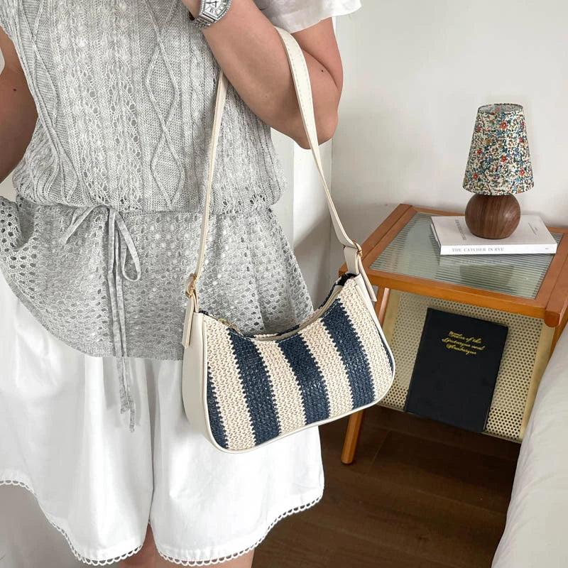 Borse a Spalla da Donna a Righe in Paglia, Borsa a Tracolla in Rattan Intrecciato con Cerniera, Pochette Hobo Femminile