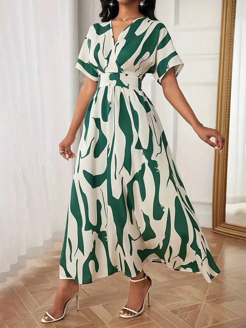 Abito longuette con scollo a V con stampa astratta verde bianco da donna Manica corta Vita alta A-Line Abiti maxi da festa casual estivi fluidi