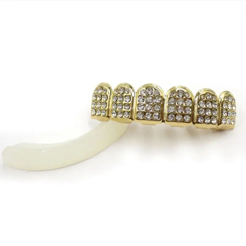 Bretelle per denti HIPHOP alla moda Denti in oro/argento Parte superiore e inferiore con diamanti Griglia superiore e inferiore Bling Gioielli per uomo Donna