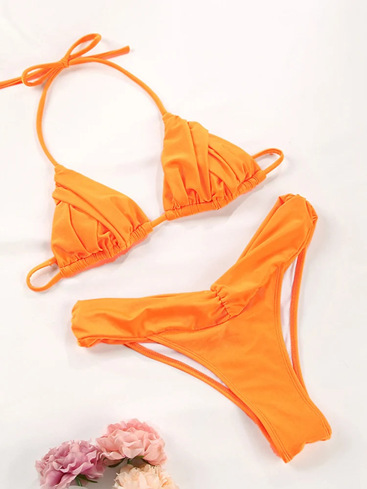Costume da bagno bikini con pieghe sexy Micro bikini solido Costume da bagno donna Triangolo femminile Costume da bagno da spiaggia