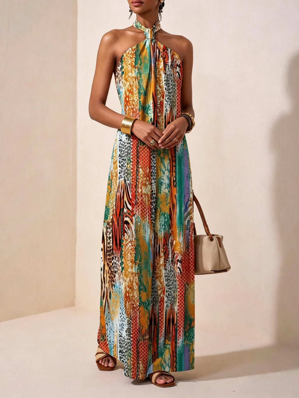 Abito lungo da donna con scollo all'americana e stampa, senza maniche, vestibilità ampia, stile bohémien, casual, per vacanze primaverili ed estive, outfit da spiaggia