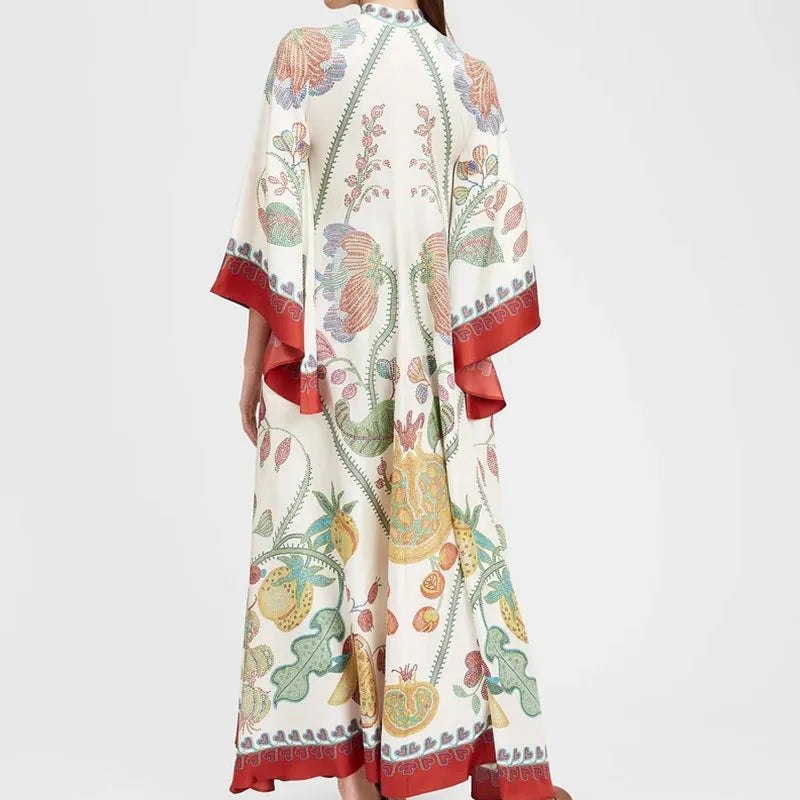 Elegante Abito Lungo a Maniche Lunghe per Feste, Vestito Vintage con Stampa Floreale, Abito Bohémien da Donna con Collo Alto e Vita Alta