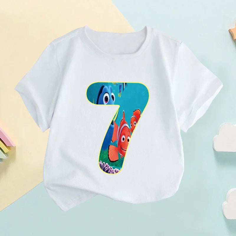 Maglietta per bambini con stampa numerica di Nemo e Dory, simpatici pesciolini, abbigliamento per bambine 1 2 3 4 5 6 7 8 9 anni, magliette per compleanno neonati e bambini, HKP2759