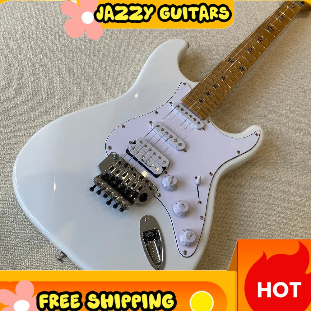 Chitarra Elettrica Bianca ST con Pickup SSH, Corpo in Ontano, Manico in Acero con Intarsi a Stella, Ponte Tremolo Floyd Rose, Spedizione Gratuita