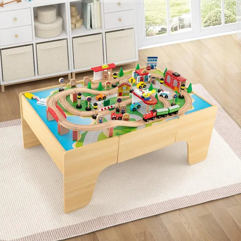 Set Trenino in Legno da 84 Pezzi con Tavolo Reversibile e Rimovibile
