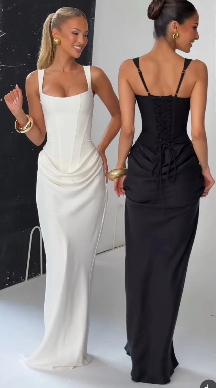 Suninheart Abito lungo da donna bianco Abito elegante con lacci Abito da cerimonia formale sottile per invitati a un matrimonio
