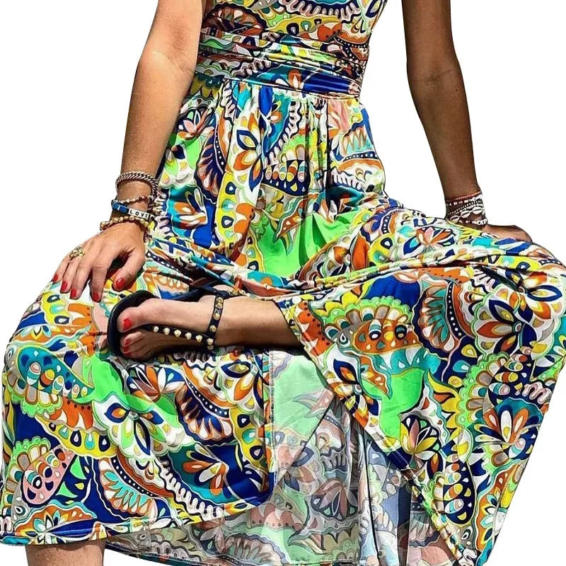 FD293 Abbigliamento Femminile 2022, Vestito Lungo Bohémien Stampato con Spalla Singola, Abiti Lunghi alla Moda per Donne