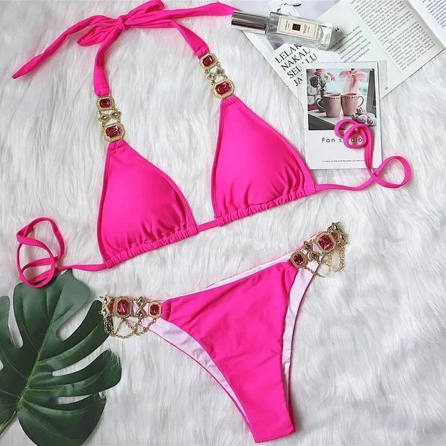 Catene di metallo con scollo all'americana Strass Diamante Bikini Costume da bagno donna Costumi da bagno femminili Due pezzi Bikini set Costume da bagno brasiliano Swim