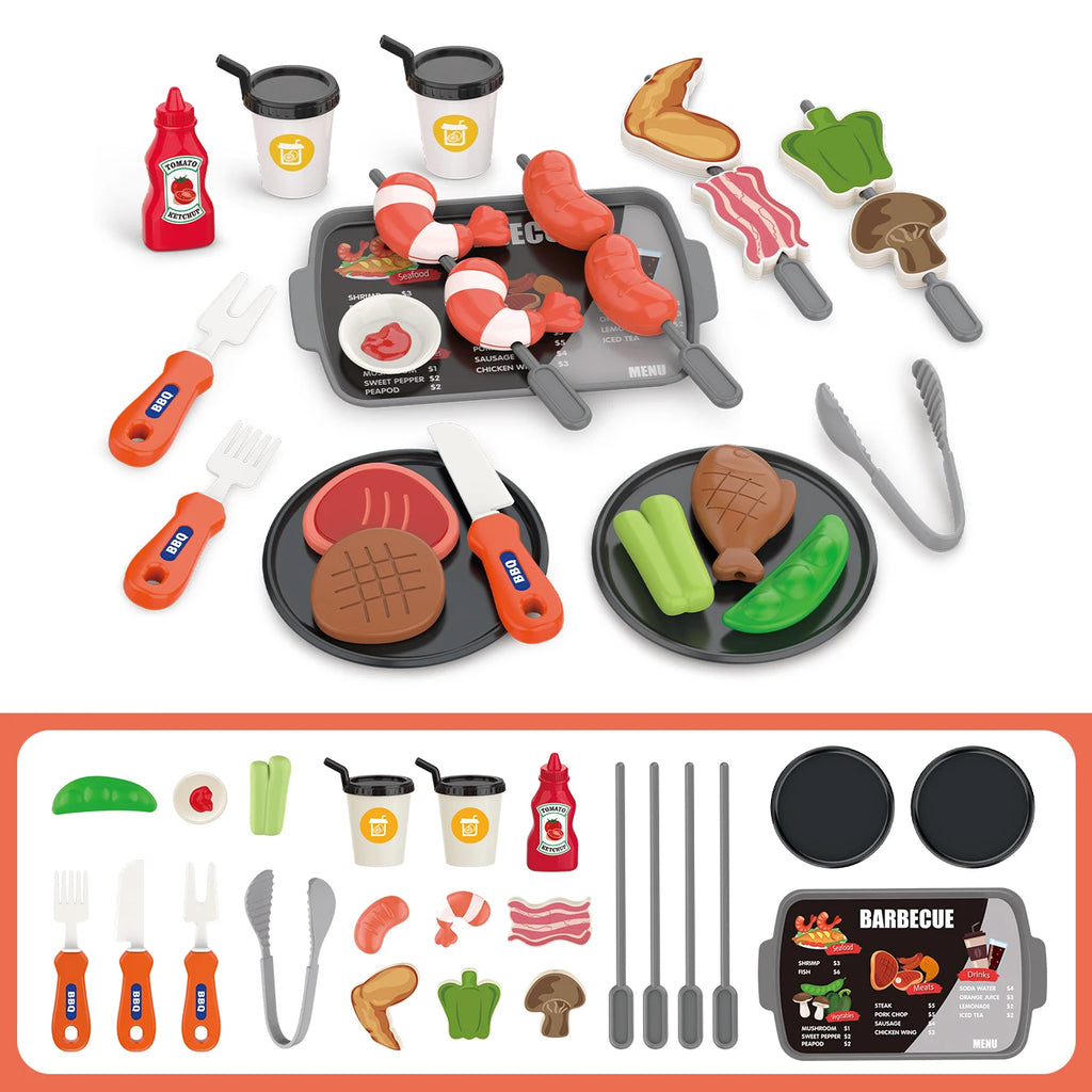 Giochi per bambini: giochi di finzione, barbecue, fast food, pizza, sushi, tè pomeridiano, dessert, cibo da cucina, set di giocattoli