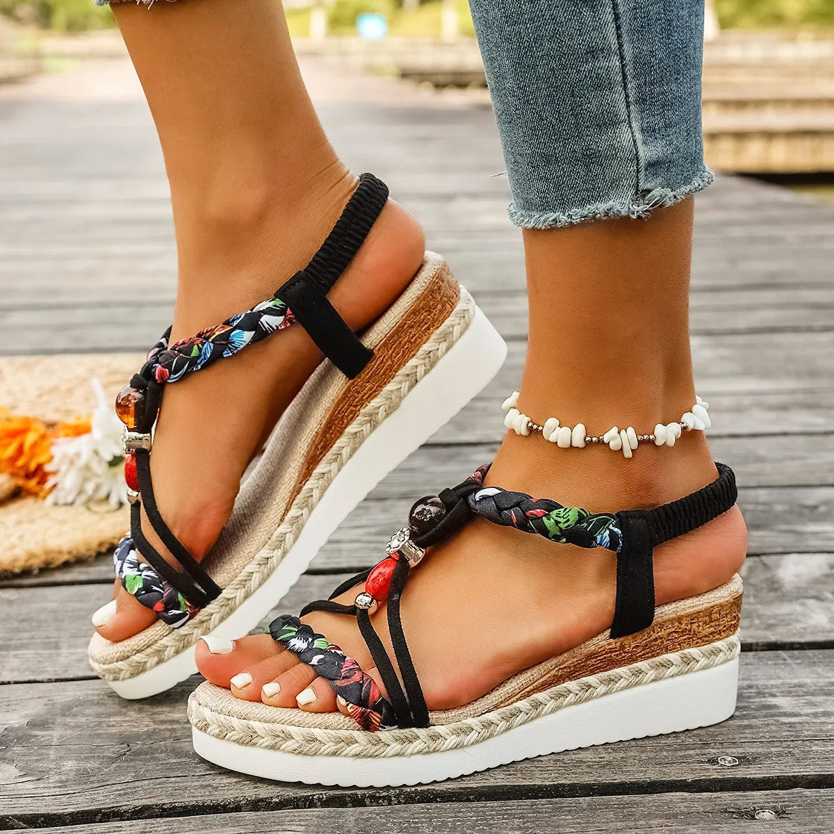 Sandali Donna 2026 Stile Bohemien con Tacco Grosso, Perline Intrecciate, Tacco a Zeppa, Comodi, Versatili, alla Moda, con Cinturino Romano