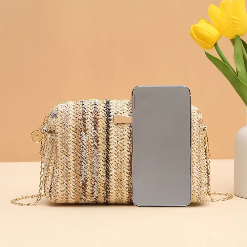 Borsa di paglia da donna in maglia di Rattan borsa da spiaggia con catena estiva piccola borsa e borsa a tracolla da donna borsa a tracolla con Design da viaggio