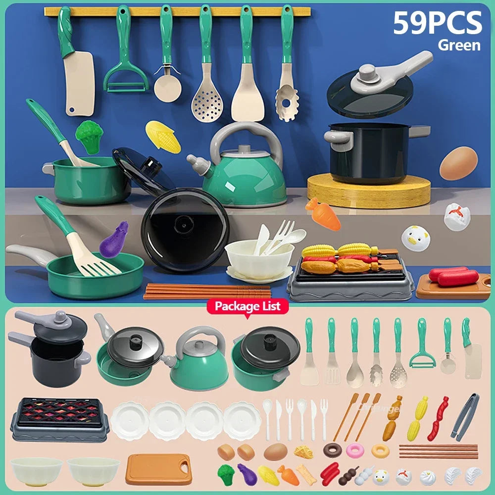 Set di giocattoli da cucina per bambini 92/69/59 pezzi Gioca al cibo con pentole Padelle e utensili Piccoli giocattoli da cucina per bambini Ragazze Ragazzi Regalo