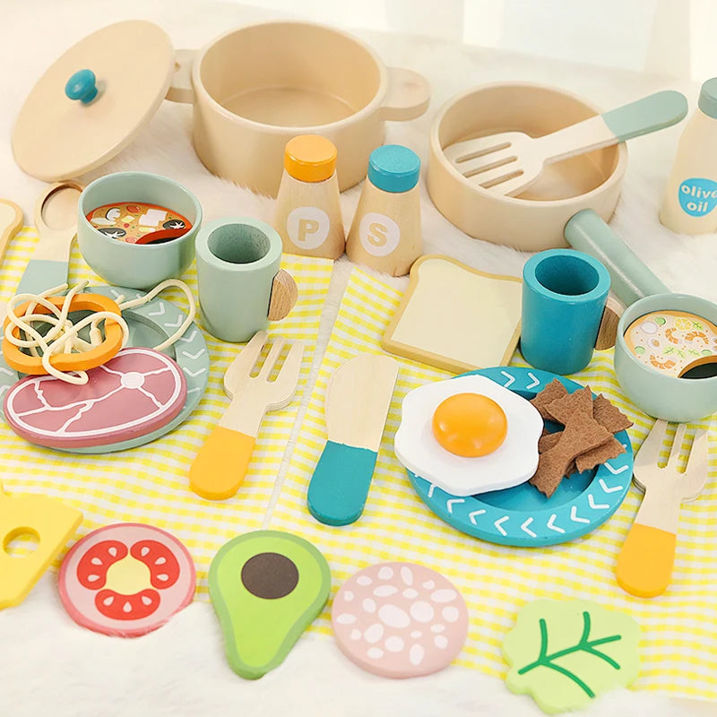Giocattoli da cucina di simulazione per bambini in legno, giocattoli educativi per la prima educazione, pentole, padelle, giochi di finzione, cibo, giochi di ruolo