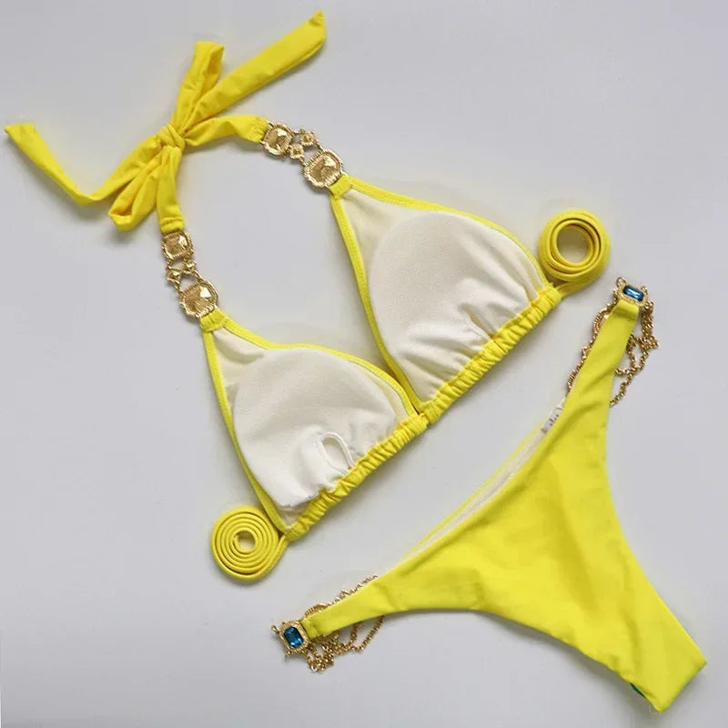 Catene di metallo con scollo all'americana Strass Diamante Bikini Costume da bagno donna Costumi da bagno femminili Due pezzi Bikini set Costume da bagno brasiliano Swim