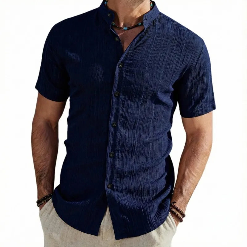 Camicia da uomo a maniche corte con colletto rialzato, testurizzata, traspirante, casual, estiva