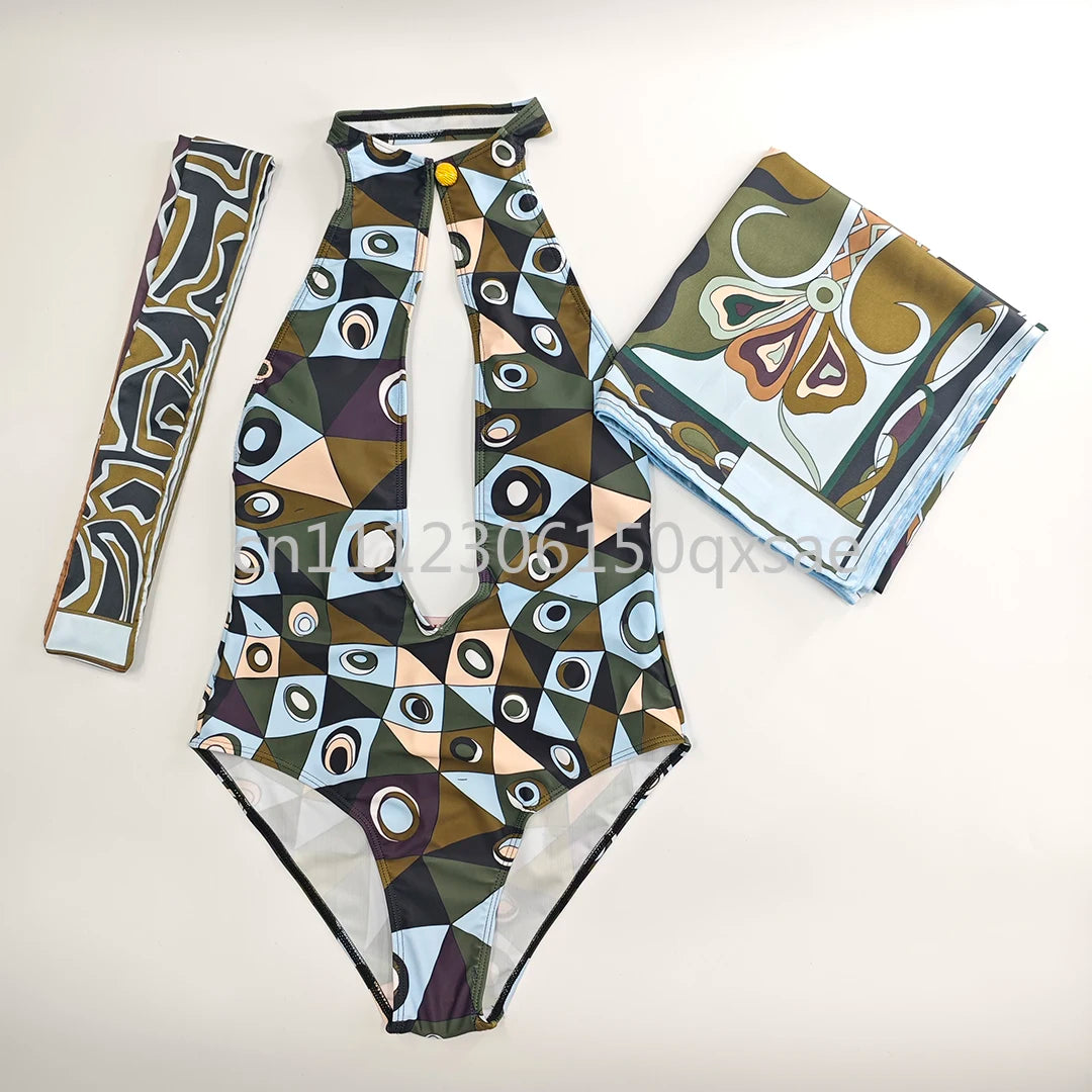 Costumi da bagno da donna rosa con foulard e logo a lettere, set bikini con foulard e fascia per capelli, abbigliamento da spiaggia