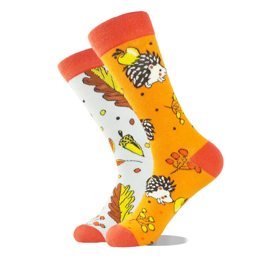 1 Pair Combed Cotton Socks Men Novelty AB Asymmetry Funny Skateboard Men's Mid Length Animal Print Socks Harajuku Happy Socks
