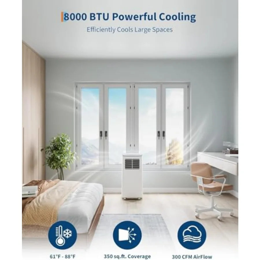 Condizionatore d'aria portatile 3 in 1 per uso domestico, corpo in plastica ABS, bianco, raffreddamento da 8.000 BTU con ventilatore deumidificatore, modalità sleep, 24