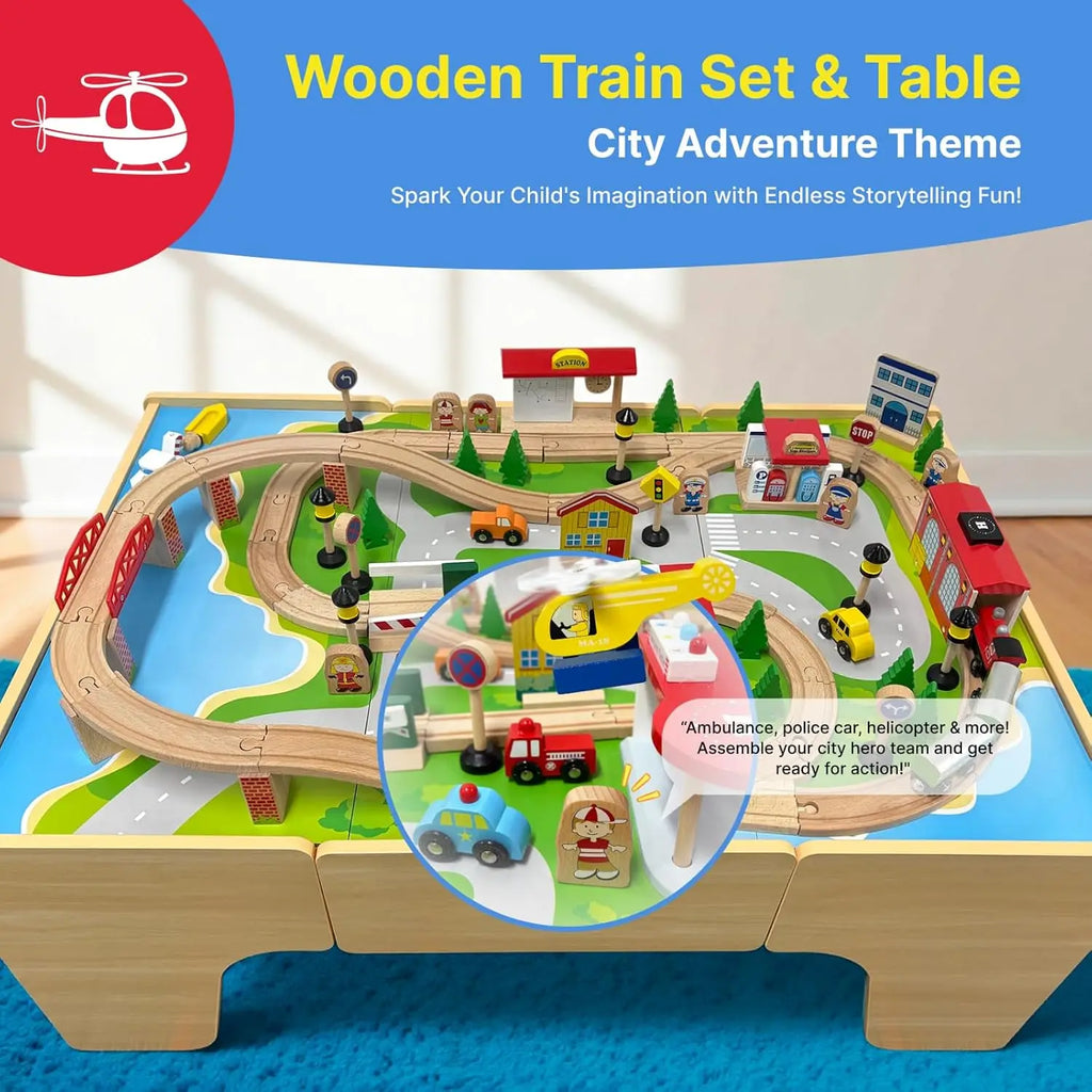 Set di treni e tavolo in legno per bambini piccoli, tavolo da attività reversibile con cassetto portaoggetti, regalo di compleanno per bambini dai 3 ai 7 anni