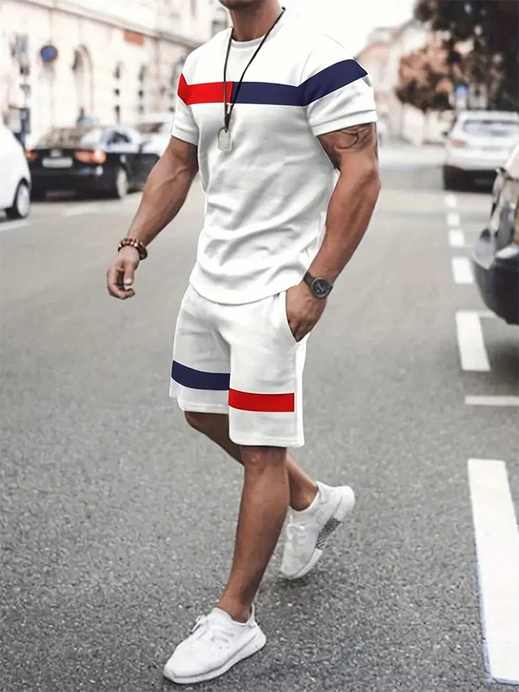 T-shirt a maniche corte con stampa a righe da uomo estiva Pantaloncini in vita elastica Set da 2 pezzi Set di pantaloncini con tasche T-shirt allentata con o-collo taglie forti