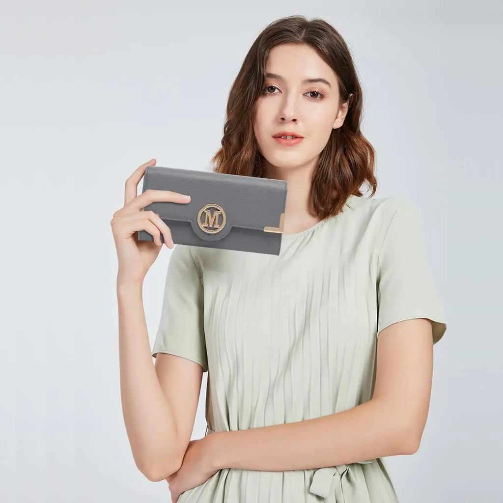 Portafoglio lungo da donna Miss Lulu con cerniera custodia per telefono con porta chiavi a ventaglio in pelle PU