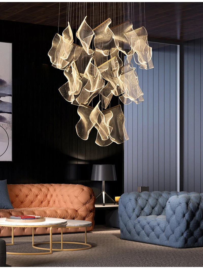 Modern Light Luxury Light Guide LED Long Strip Chandelier Living Room Dining Room Whole House Complete Set Lighting Duplex Rotat