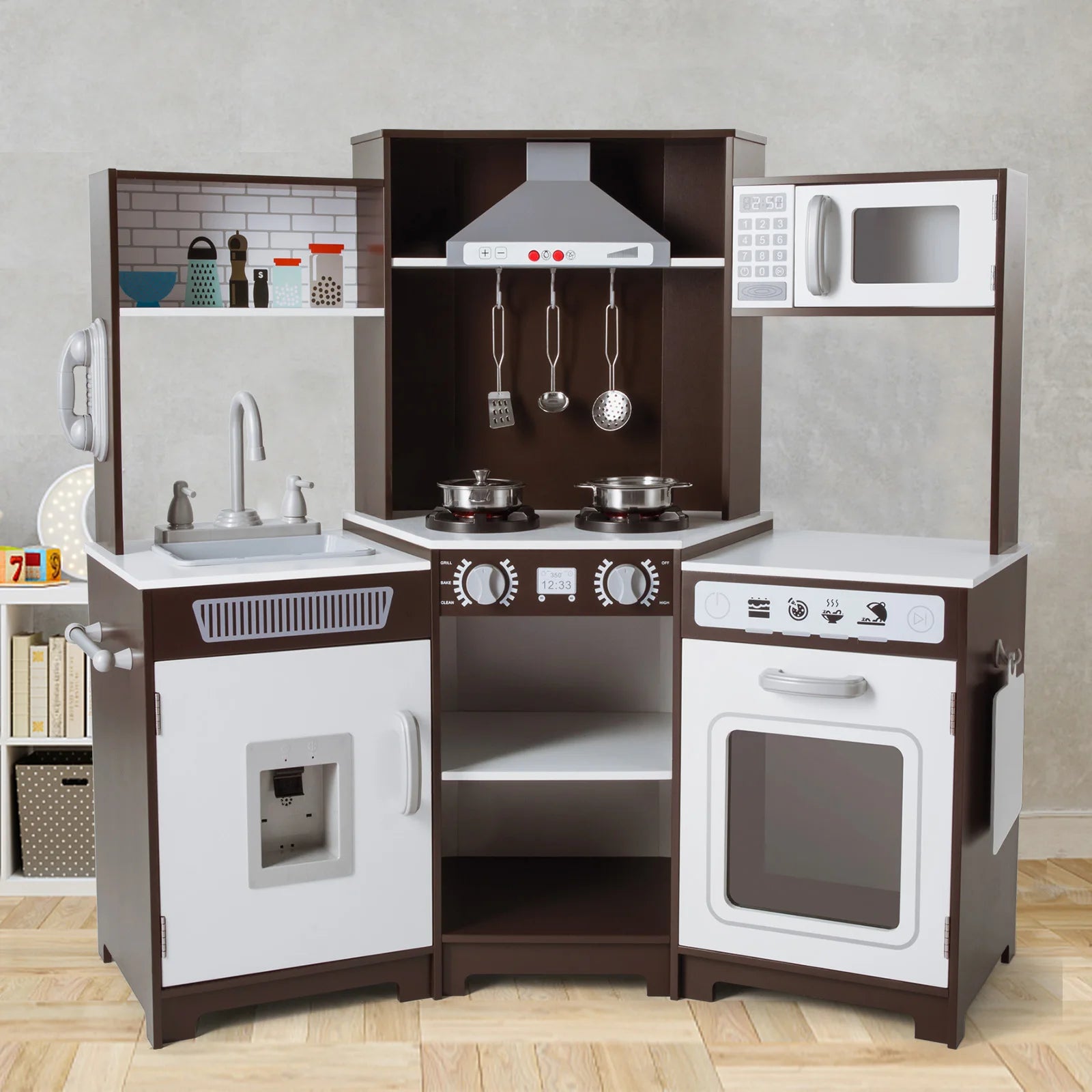 Cucina per bambini JOYLDIAS in legno, cucina giocattolo XXL ad angolo con suoni e luci, cucina giocattolo incl. accessori. Forno a microonde e forno per bambini