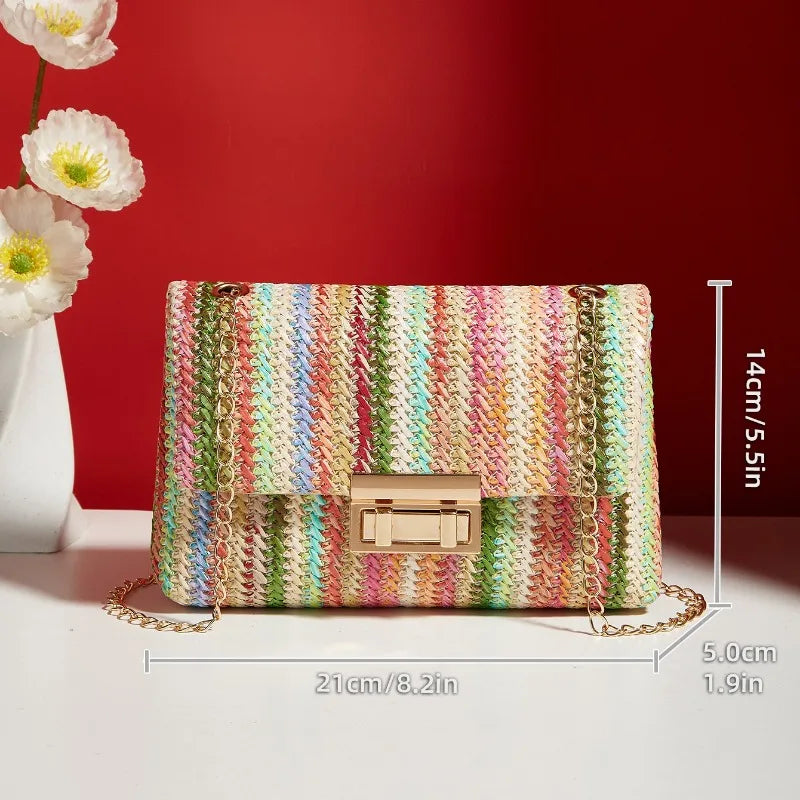 Borsa da donna in paglia lavorata a maglia in rattan a righe multicolori con borsa a catena Borse a tracolla da donna Borsa con patta dal design da viaggio
