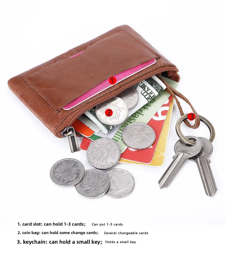 Piccolo Portacarte in Pelle di Vacchetta per Uomo e Donna, Portamonete Sottile, Porta Carte di Credito e Portachiavi
