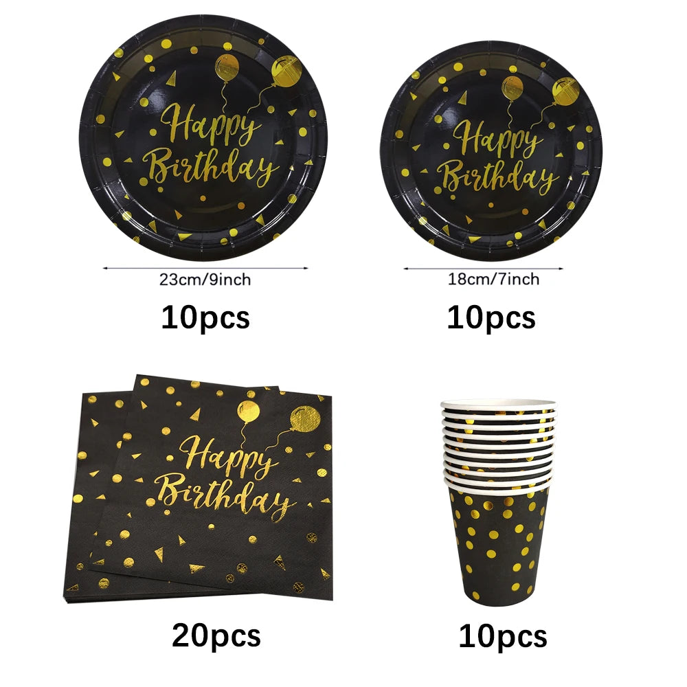 Set di stoviglie usa e getta per compleanno in oro nero, piatti di carta, tazze, tovaglioli, tovaglie, decorazione per feste di buon compleanno per adulti, matrimonio