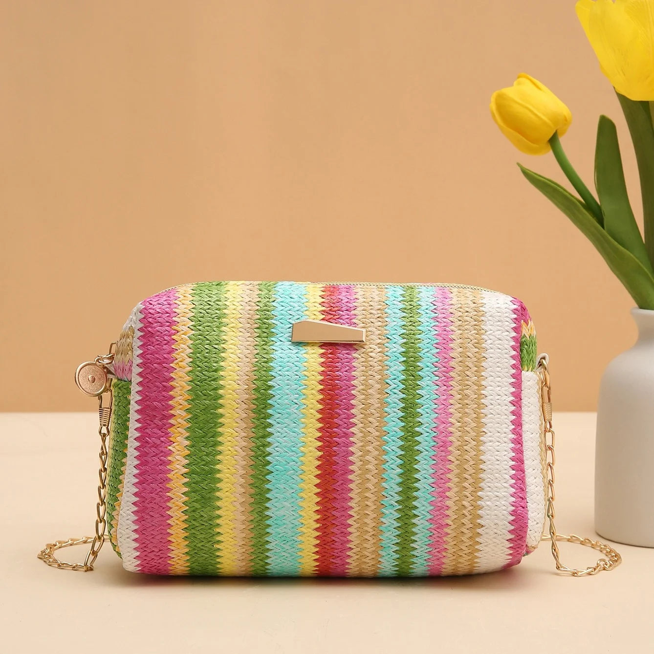 Borsa tessuta erba colorata borsa quadrata intrecciata 2024 borsa a tracolla Versatile per ragazza borsa arcobaleno