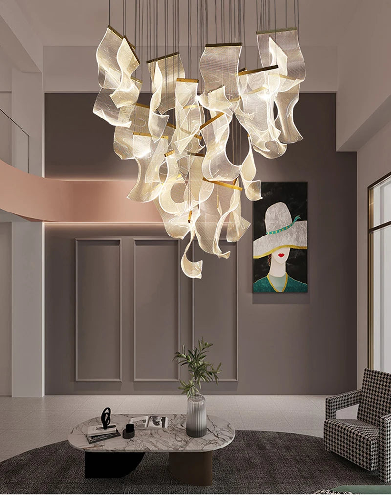 Modern Light Luxury Light Guide LED Long Strip Chandelier Living Room Dining Room Whole House Complete Set Lighting Duplex Rotat