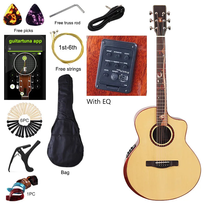 Chitarra acustica elettrica a 6 corde Chitarra elettrica folk con design tagliato con top in abete massello da 40 pollici con pickup