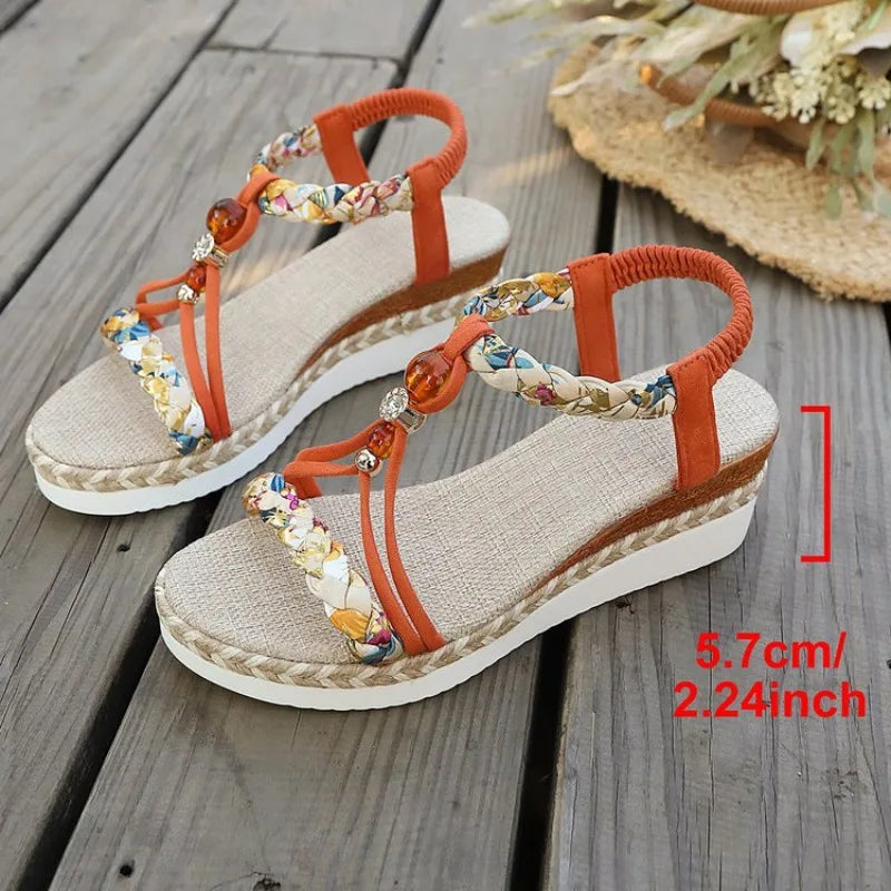 Sandali stile Boho da donna con tacco basso, suola spessa, intrecciati e traforati, scarpe casual per l'uso all'aperto