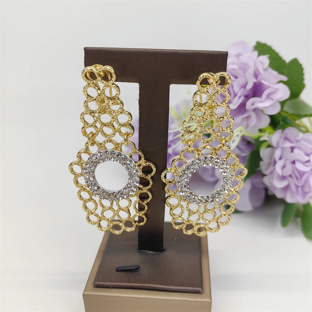African Costume Jewelry Sets Gold Color Crystal Wedding Women Bridal Accessories nigerian Flower Pattern Necklace Set
