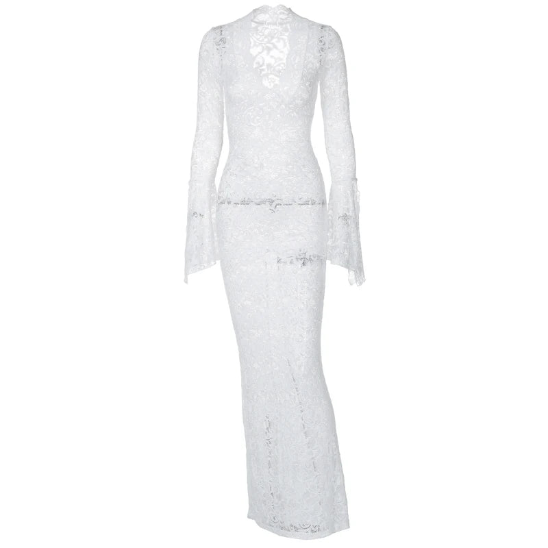 Hugcitar Maglia con stampa floreale Scollo a V Manica lunga svasata Abito lungo trasparente sexy Primavera Abiti moda donna Vacanza al mare Club