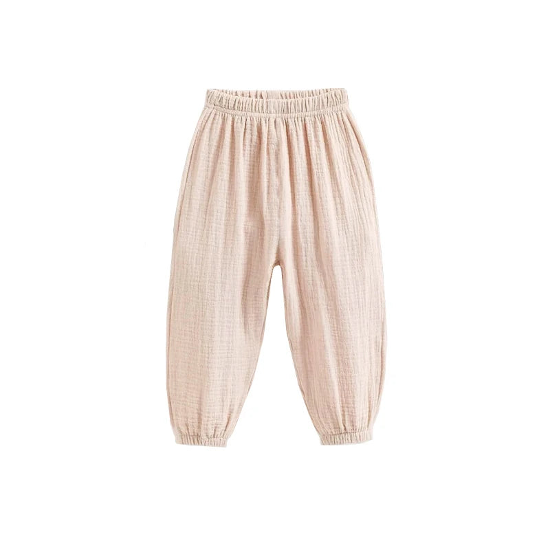 Pantaloni estivi per bambini coreani Pantaloni casual per ragazze Ragazzi in cotone e lino Tinta unita Pantaloni larghi a pieghe Pantaloni Harem a vita alta per ragazze