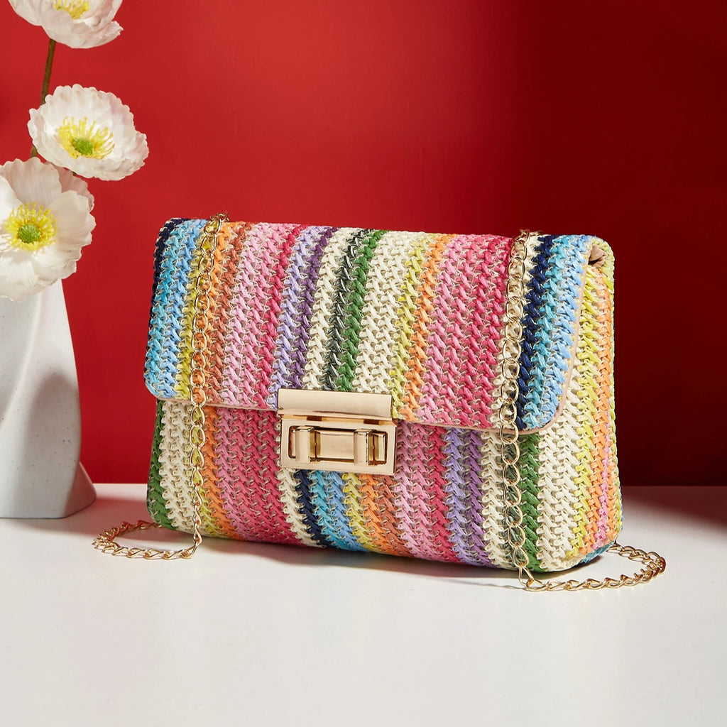Borsa a mano con pochette in paglia a righe multicolori per donna Borsa a tracolla a tracolla con tracolla da spiaggia estiva in tessuto casual in pelle PU