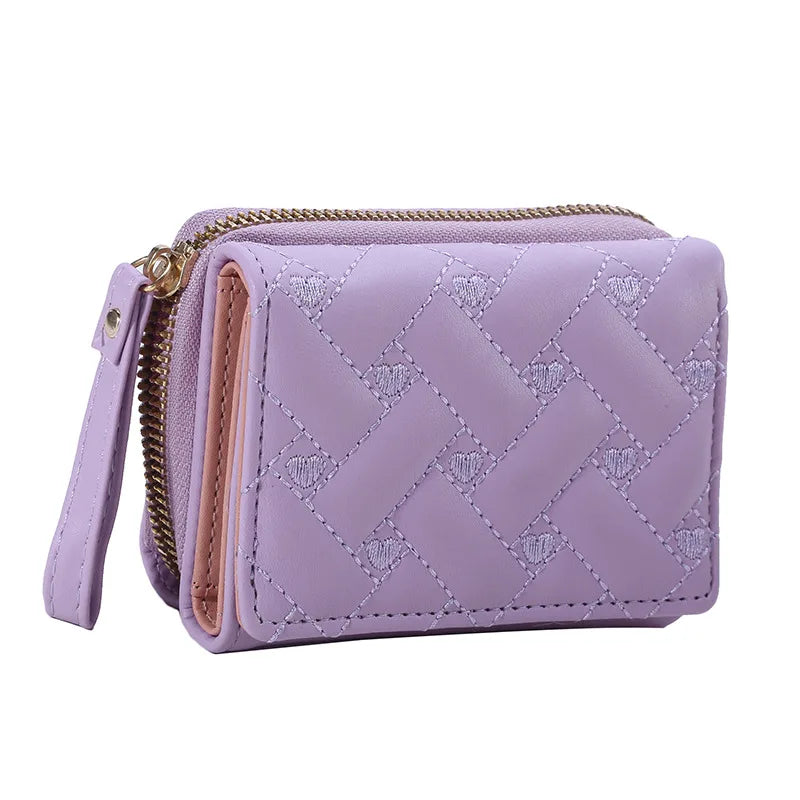 Portafoglio da donna per pelle PU moda ricamato amore tri-fold piccolo portafoglio porta carte portamonete multi-slot per carte interno rosa