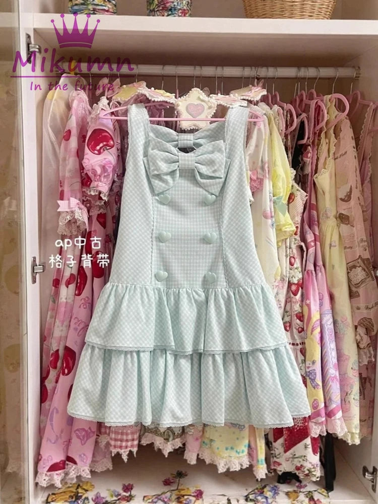 Mikumn giapponese Kawaii Lolita stile cinturino abito Harajuku dolce fiocco rosa stampa a pois mini abito donna ragazza Y2k mini abito da festa