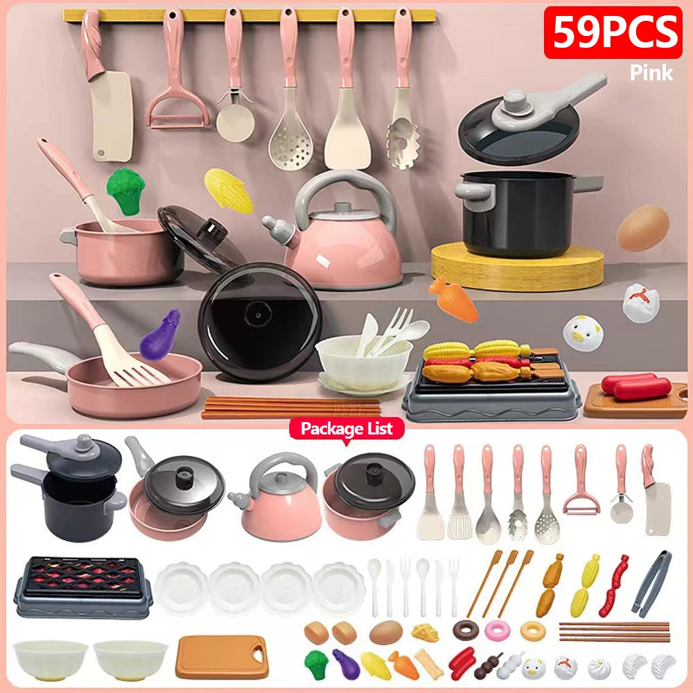 Set di giocattoli da cucina per bambini 92/69/59 pezzi Gioca al cibo con pentole Padelle e utensili Piccoli giocattoli da cucina per bambini Ragazze Ragazzi Regalo