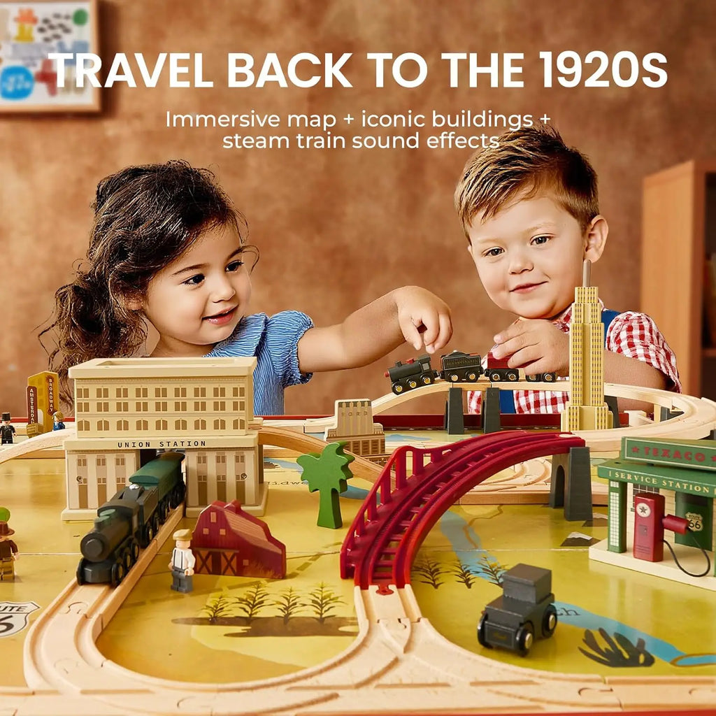 Grande tavolo da treno in legno (47,9"x35,2 Set di treni da 100 pezzi, 3 contenitori portaoggetti, set da gioco per bambini dai 3 anni in su
