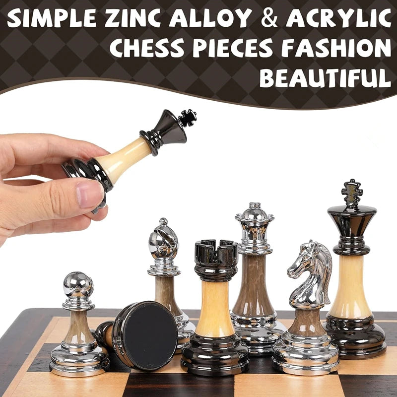 Set di scacchi 45 cm/17,7 pollici, grande scacchiera in legno massello Eewood, pezzi degli scacchi di alta gamma elettroplaccati + re in acrilico alto 9 cm